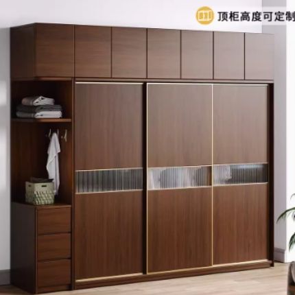 全实木推拉门衣柜家用卧室胡桃色简约现代橡木衣橱复古移门大衣柜