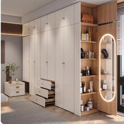 现代简约多功能带穿衣镜隐藏式床头柜组合衣柜卧室家用收纳大衣橱