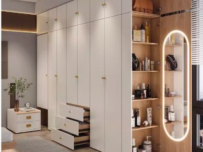 现代简约多功能带穿衣镜隐藏式床头柜组合衣柜卧室家用收纳大衣橱