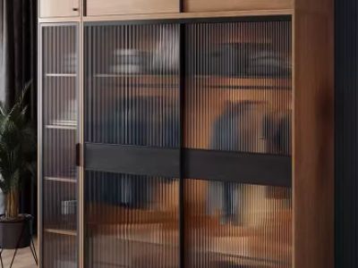 实木推拉门衣柜卧室家用定制长虹玻璃北欧收纳柜简易侘寂风大衣橱